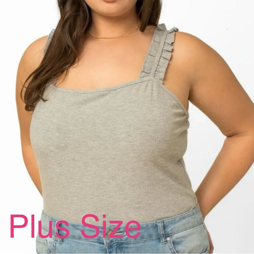 Gilli Gray Bodysuit Sleeveless Plus Size Women's Ruffle Straps and Square Neck